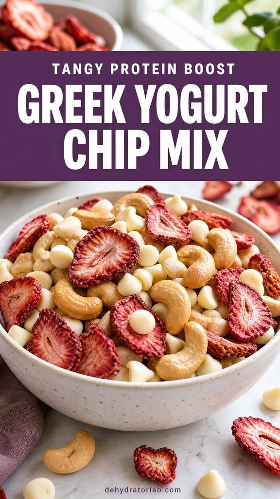 A bowl of trail mix with Greek yogurt chips, cashews, and dried strawberries
