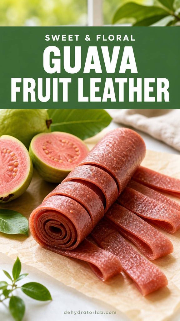 A rolled strip of pink guava fruit leather next to halved fresh guavas