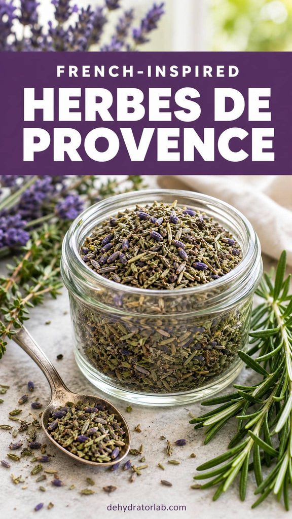 A small jar of herbes de Provence blend with lavender buds next to fresh thyme and rosemary
