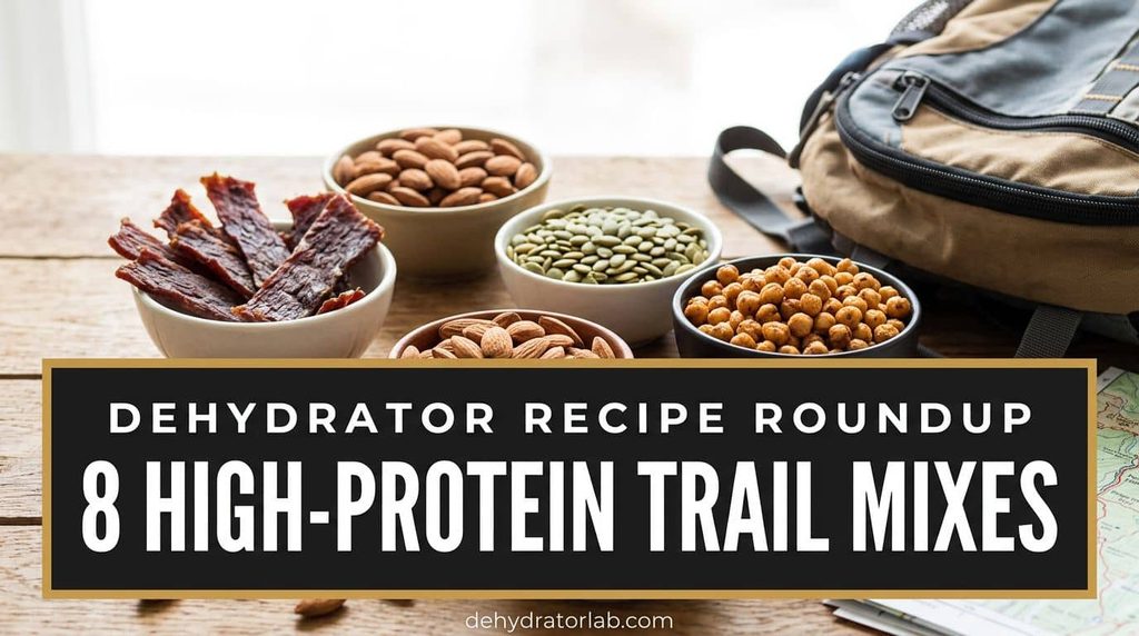 Small bowls of high-protein trail mix with jerky pieces, almonds, and chickpeas next to a hiking backpack