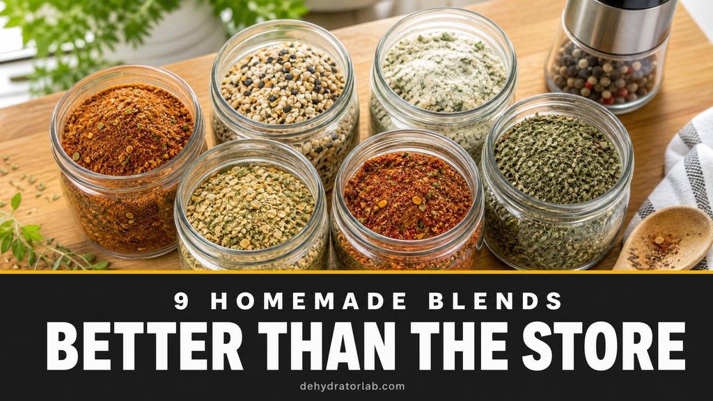 Small glass jars of homemade seasoning blends — taco, Italian herb, and ranch — arranged on a wood counter with a spice grinder