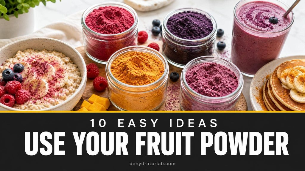 Small jars of homemade fruit powder in raspberry, blueberry, and mango colors next to oatmeal, pancakes, and a smoothie