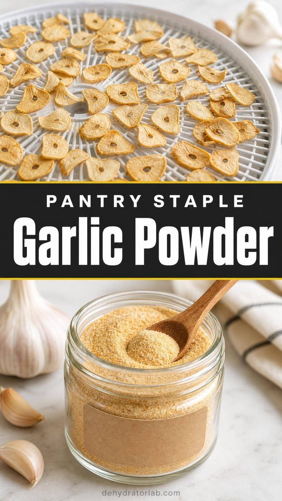 Homemade garlic powder in a small jar next to dried garlic chips