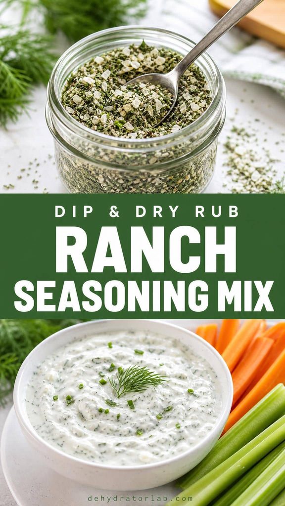 A small jar of green-flecked ranch seasoning next to a bowl of ranch dip made from it