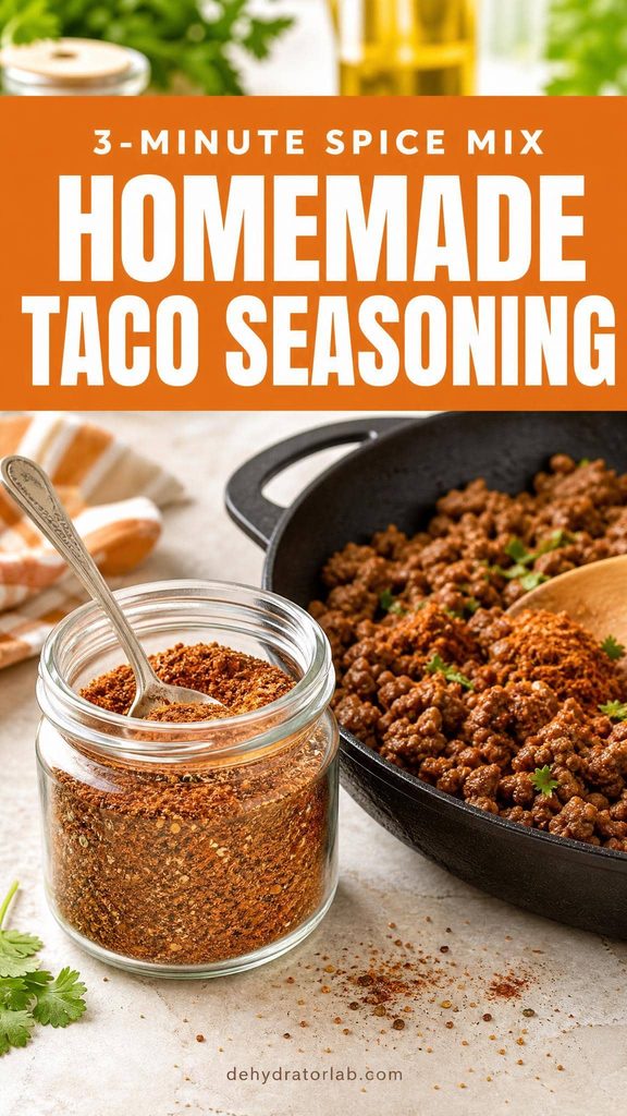 A small jar of reddish-brown taco seasoning with a spoon, next to ground beef in a skillet