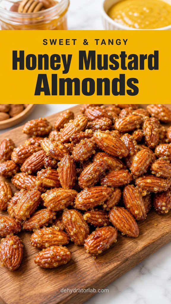 Honey mustard glazed activated almonds on a wooden board