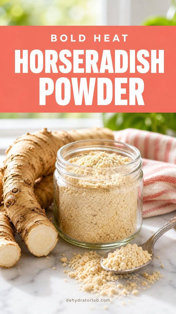 A small jar of pale tan horseradish powder next to a fresh horseradish root