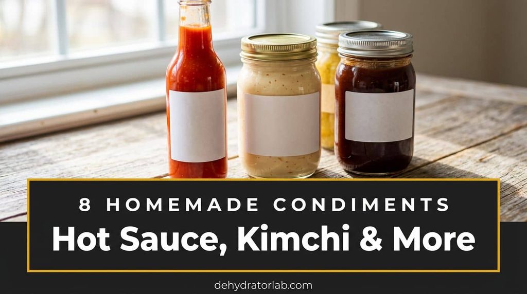 A spread of homemade condiments including hot sauce, kimchi mayo, and BBQ sauce in small jars