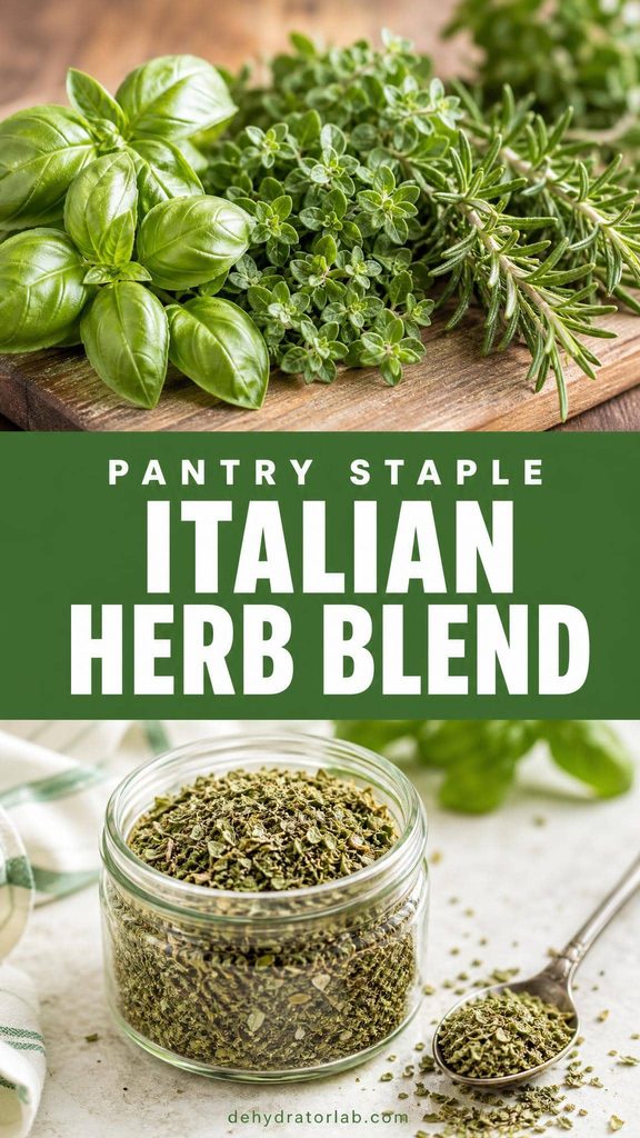 A small jar of green Italian herb blend next to fresh basil, oregano, and rosemary sprigs
