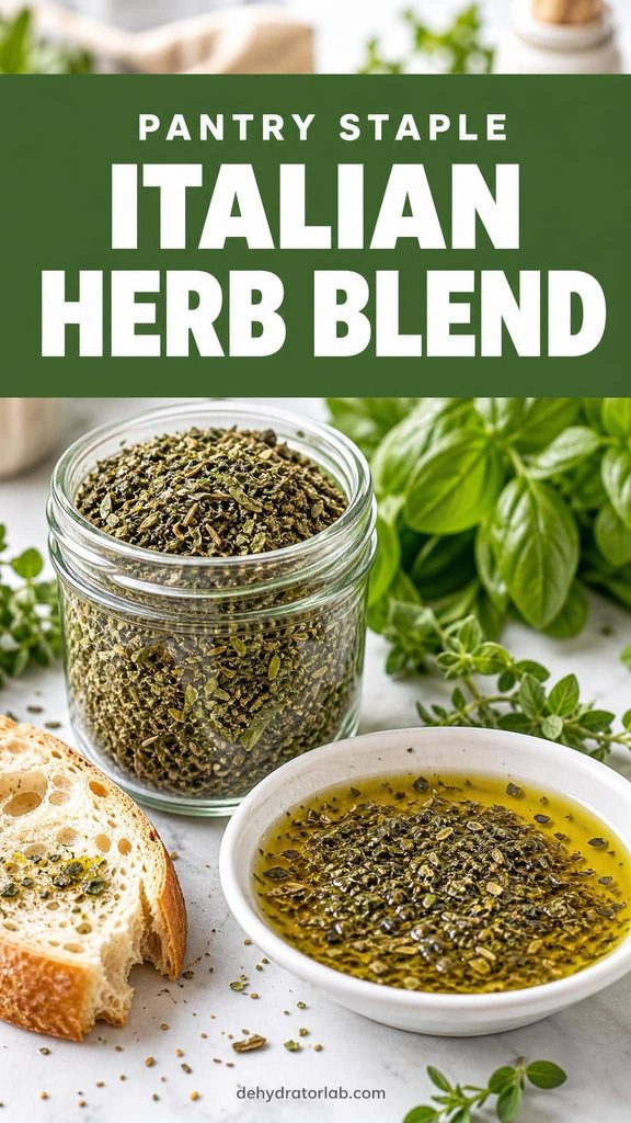 A small jar of green Italian herb blend next to a dish of olive oil for bread dipping