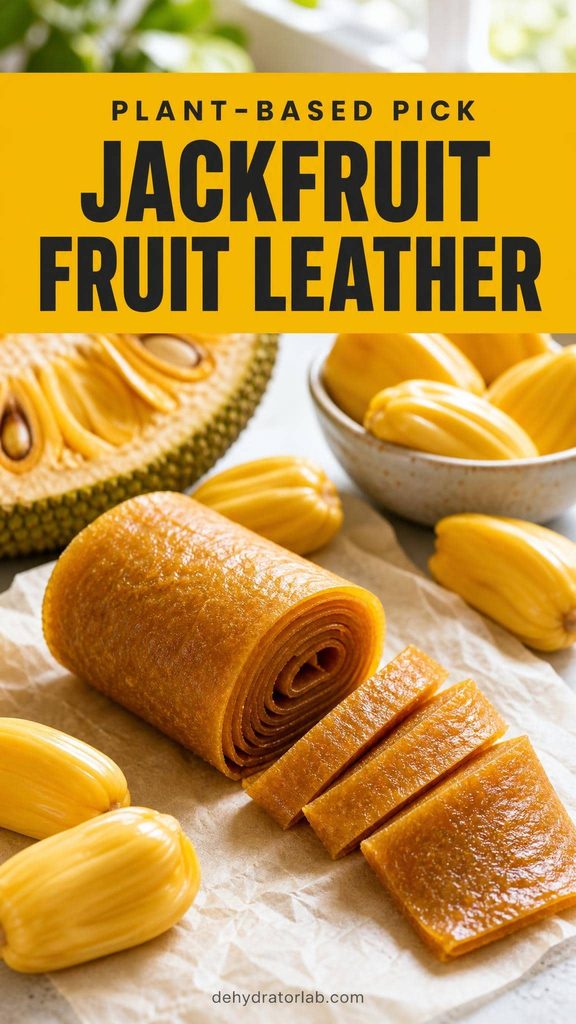 A rolled strip of golden jackfruit fruit leather next to fresh ripe jackfruit pods