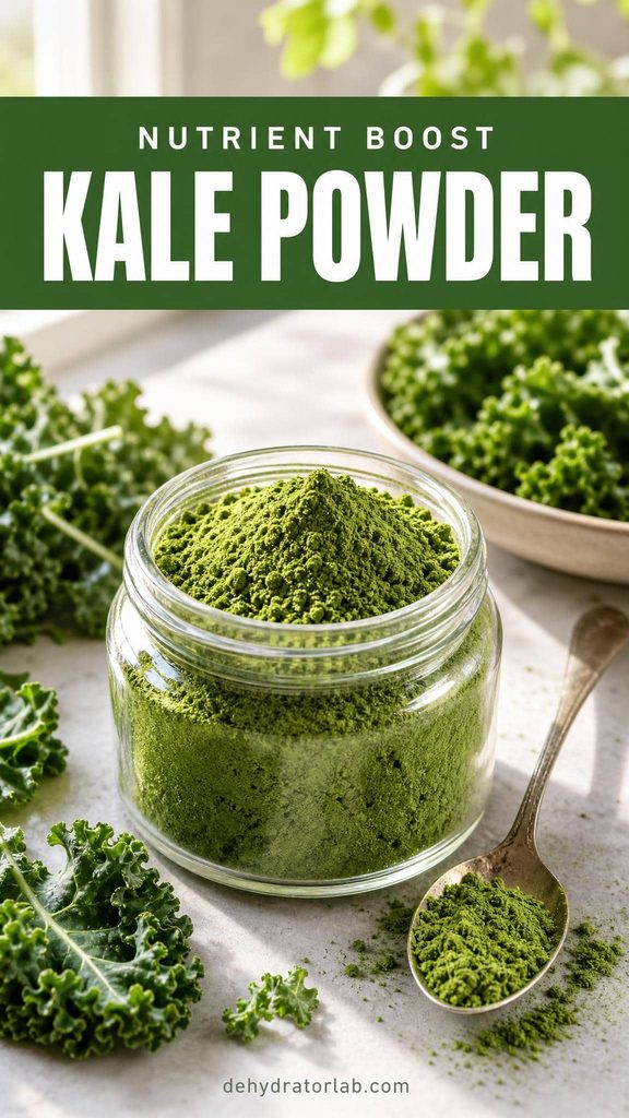 A small jar of vivid green kale powder next to fresh kale leaves