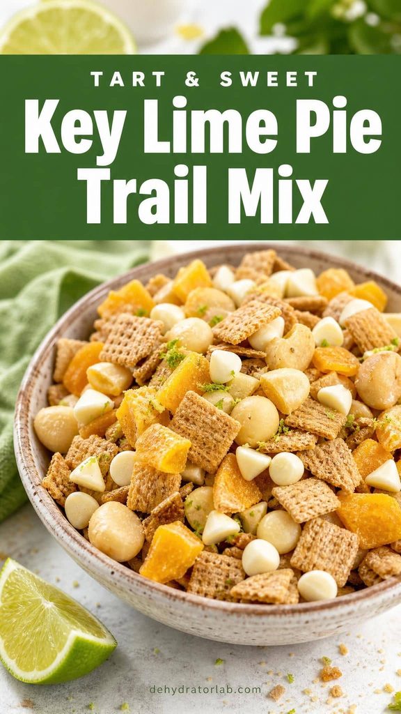 Bowl of key lime pie trail mix with dried mango, graham cereal, and white chocolate chips