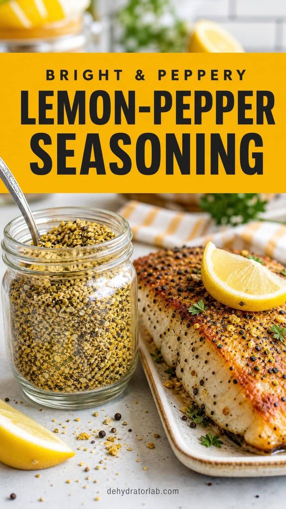 A small jar of speckled lemon-pepper seasoning next to a pan-seared piece of fish