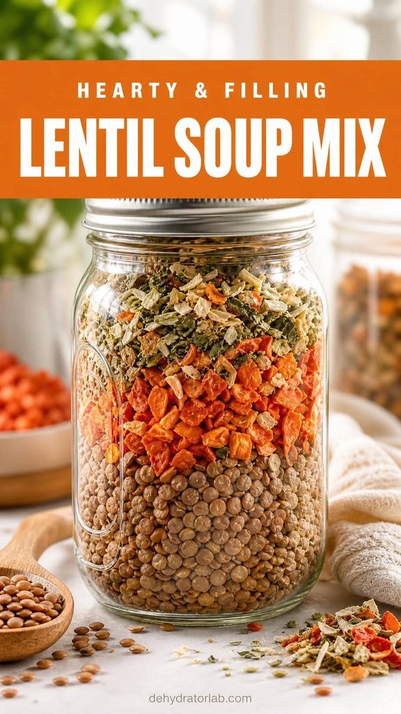 A mason jar layered with dehydrated lentil soup mix ingredients