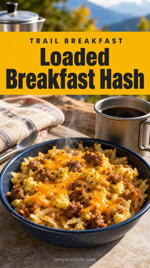 Dehydrated loaded breakfast hash backpacking meal with eggs, potato, and sausage