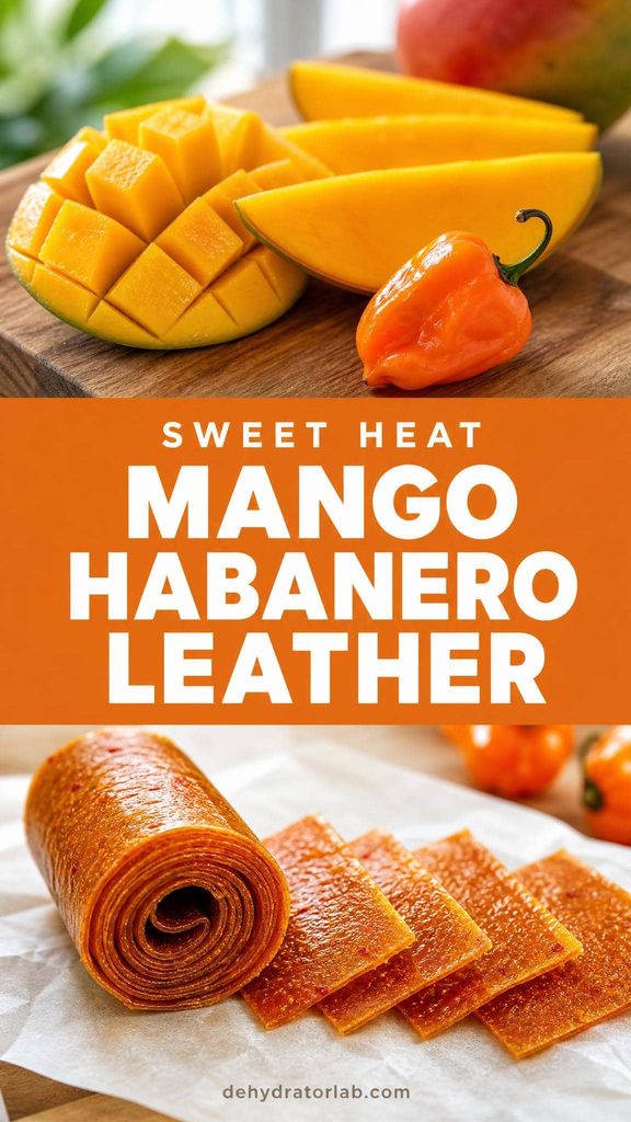 Fresh mango and a habanero pepper above a rolled strip of orange mango habanero fruit leather