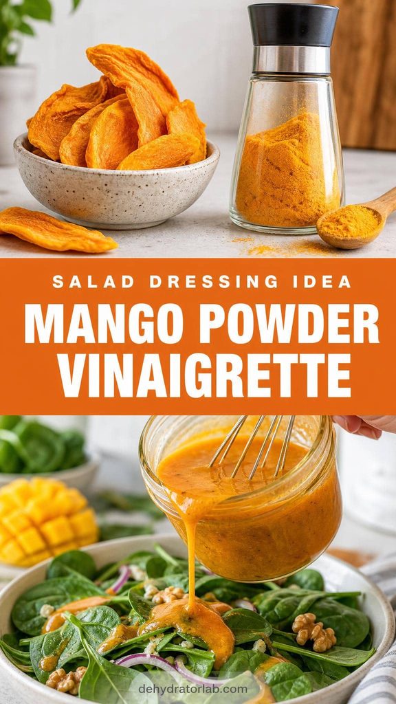 A small glass jar of orange mango-powder vinaigrette being whisked, next to a bowl of dried mango slices