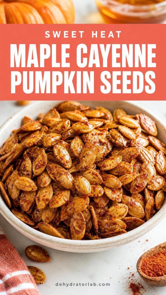 A bowl of dehydrated maple cayenne pumpkin seeds with a glossy amber coating