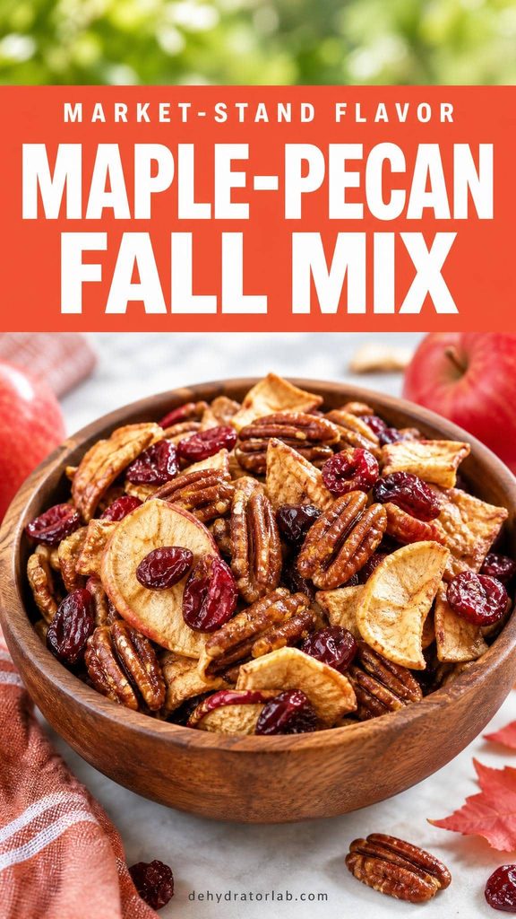 A bowl of trail mix with dried apple, cranberries, and maple-glazed pecans