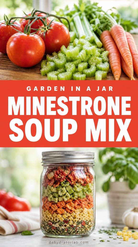 A mason jar layered with dehydrated minestrone soup mix ingredients including tomato, pasta, and vegetables