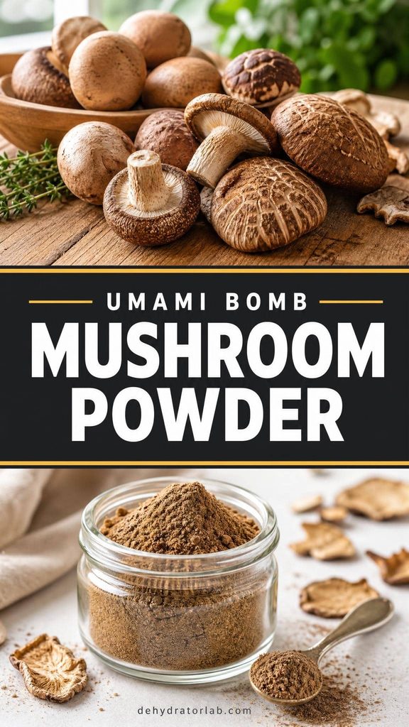 A small jar of earthy brown mushroom powder next to fresh cremini and shiitake mushrooms