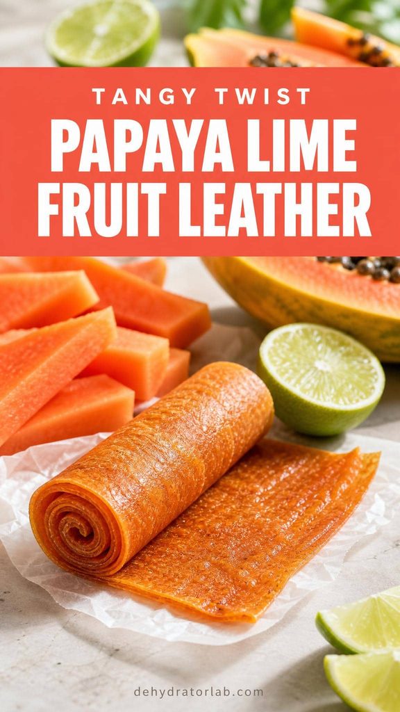 A rolled strip of pale orange papaya lime fruit leather next to sliced papaya and a lime wedge