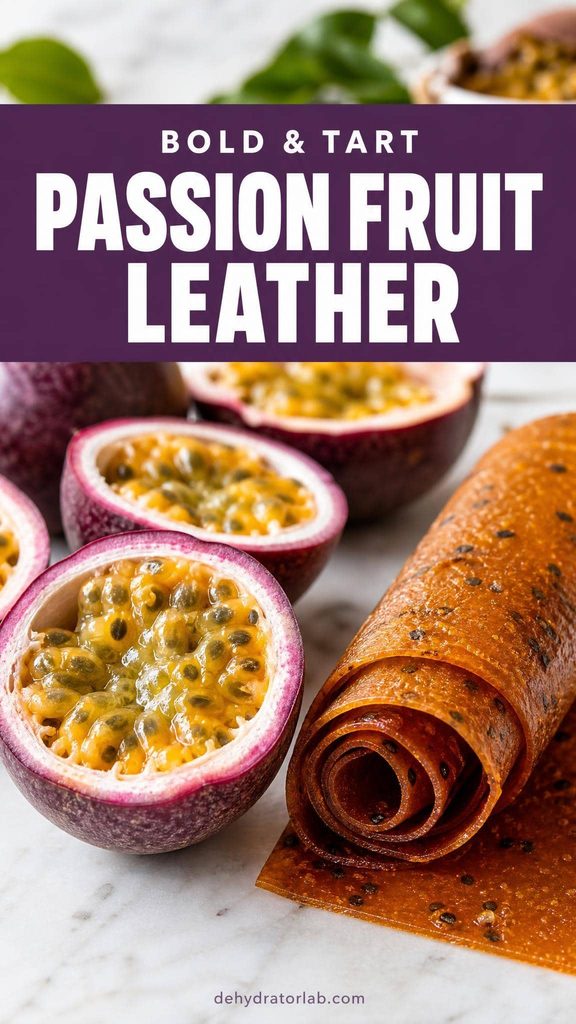 Halved passion fruits next to a rolled strip of deep orange passion fruit leather flecked with seeds