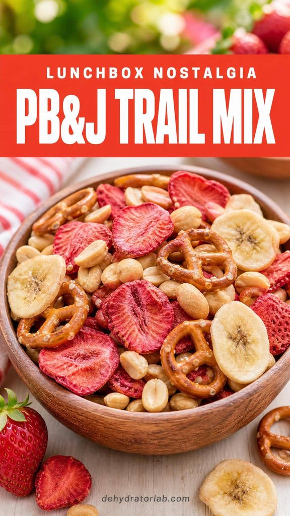 A bowl of trail mix with dried strawberries, peanuts, mini pretzels, and banana chips