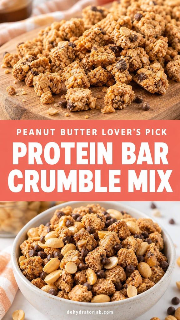 A bowl of trail mix with crumbled protein bar pieces, peanuts, and mini dark chocolate chips