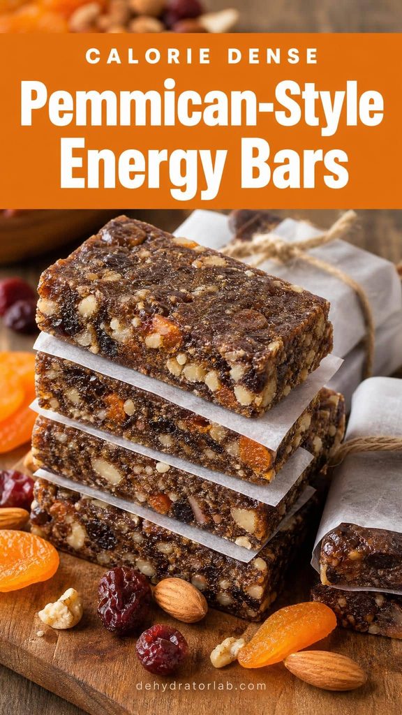 Pemmican-style dehydrated energy bars made with dried fruit and peanut butter powder