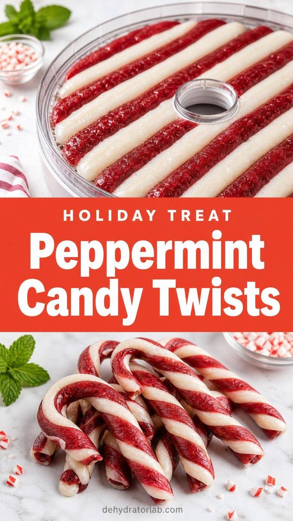 Red and white peppermint candy cane fruit leather twists