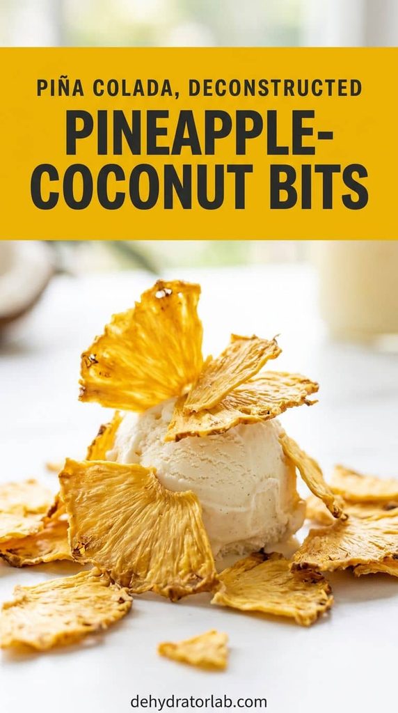 Brittle pineapple-coconut leather shards on top of ice cream
