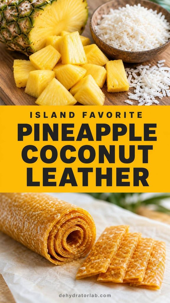 Fresh pineapple and coconut above a rolled strip of golden pineapple coconut fruit leather