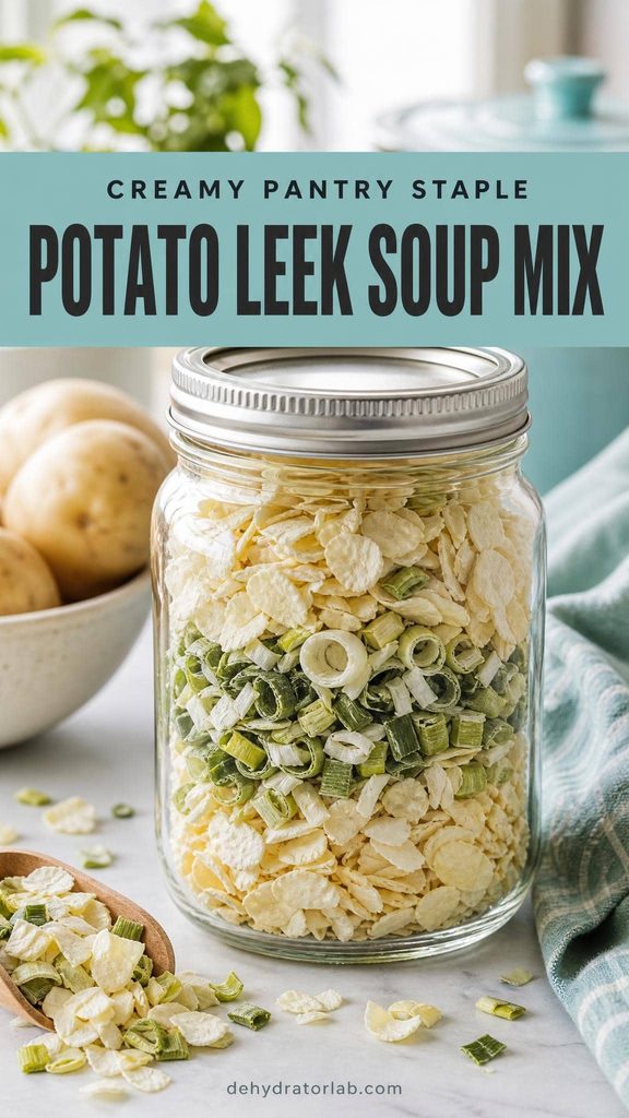 A mason jar layered with dehydrated potato leek soup mix ingredients