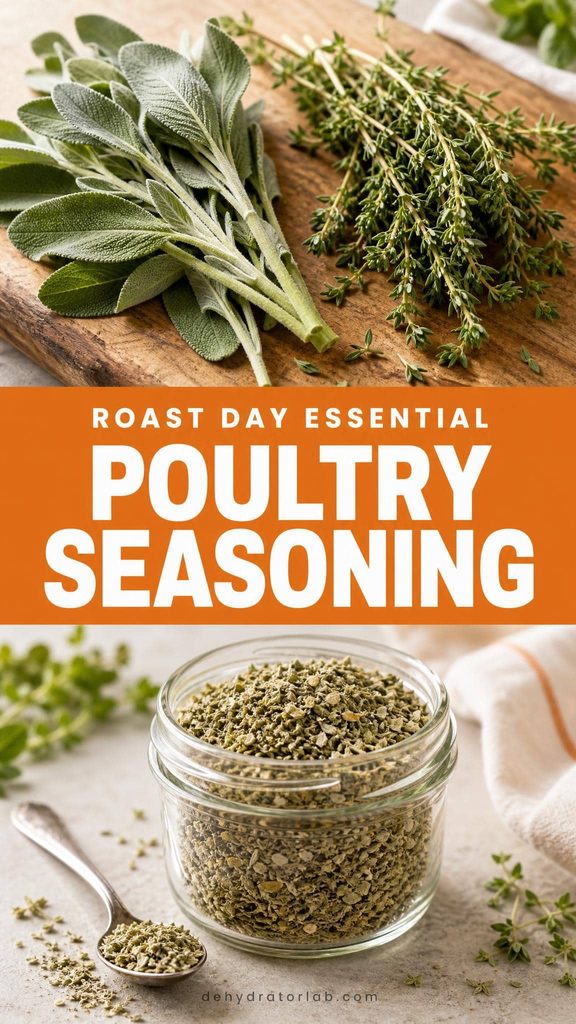 A small jar of poultry seasoning blend next to fresh sage and thyme sprigs