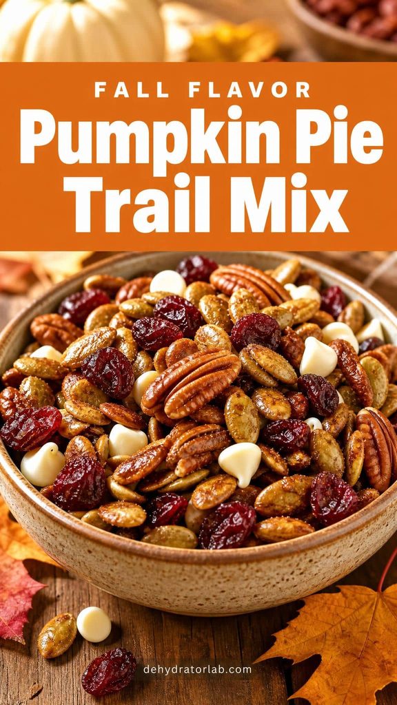 Bowl of pumpkin pie trail mix with cinnamon-glazed pumpkin seeds, pecans, and dried cranberries