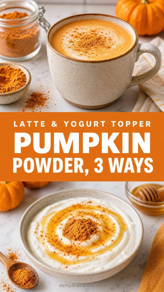 A pumpkin powder latte in a mug next to a bowl of yogurt dusted with the same orange powder