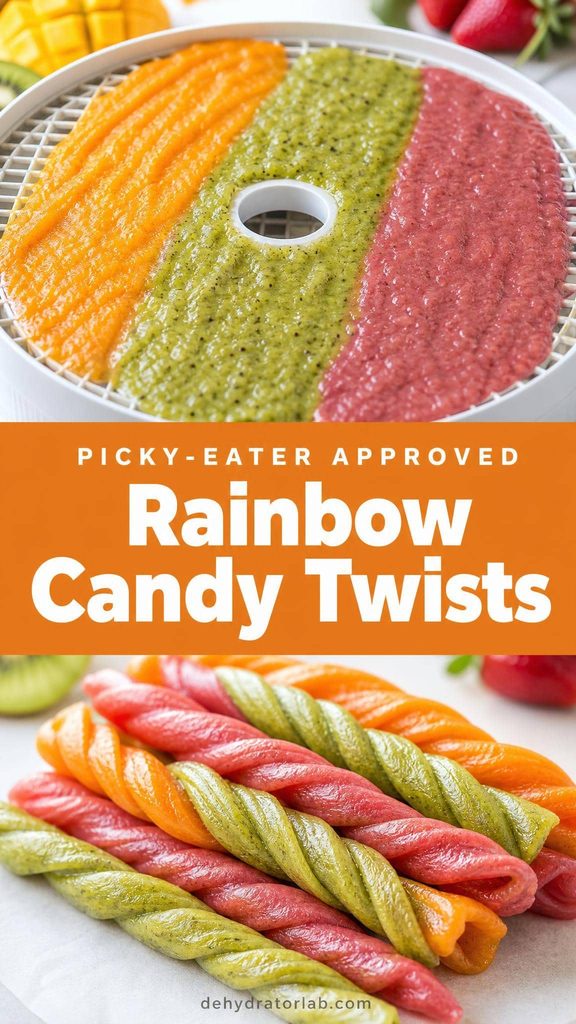 Rainbow fruit leather candy twists in mango, kiwi, and dragon fruit colors
