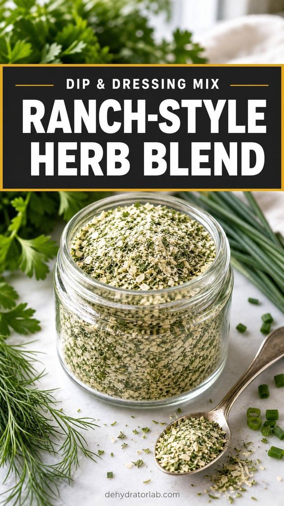 A small jar of ranch-style herb blend next to fresh dill, parsley, and chives