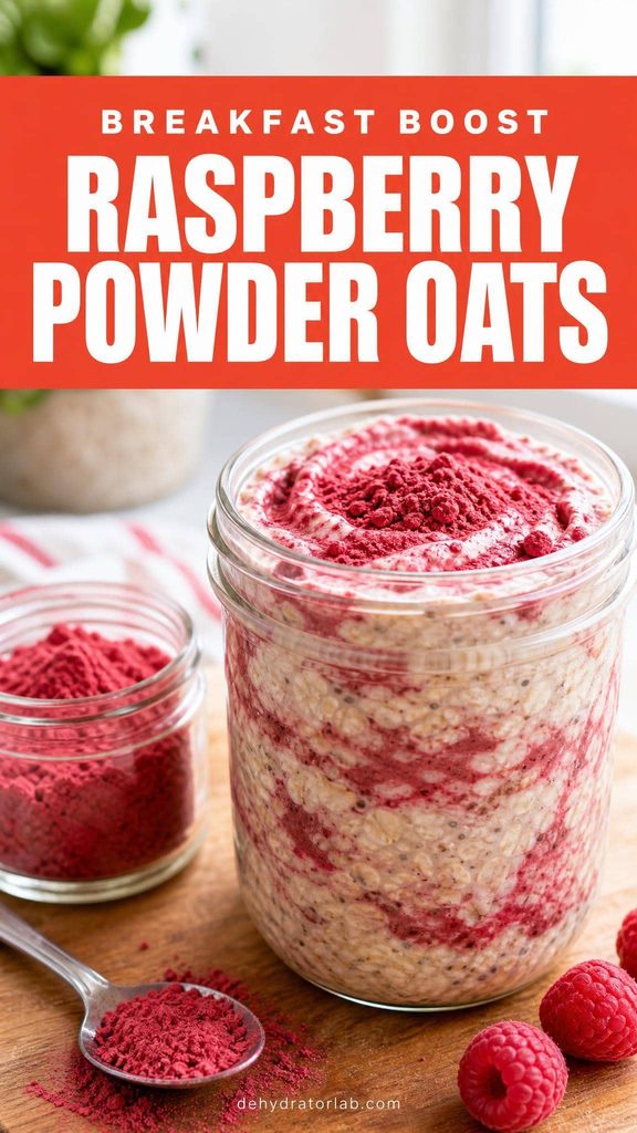 A jar of overnight oats swirled with pink raspberry powder next to a small jar of the powder