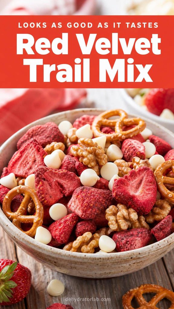 Bowl of red velvet trail mix with cocoa-dusted strawberries, white chocolate, and walnuts