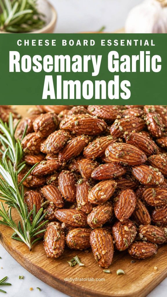 Rosemary garlic activated almonds on a wooden board with fresh rosemary sprigs