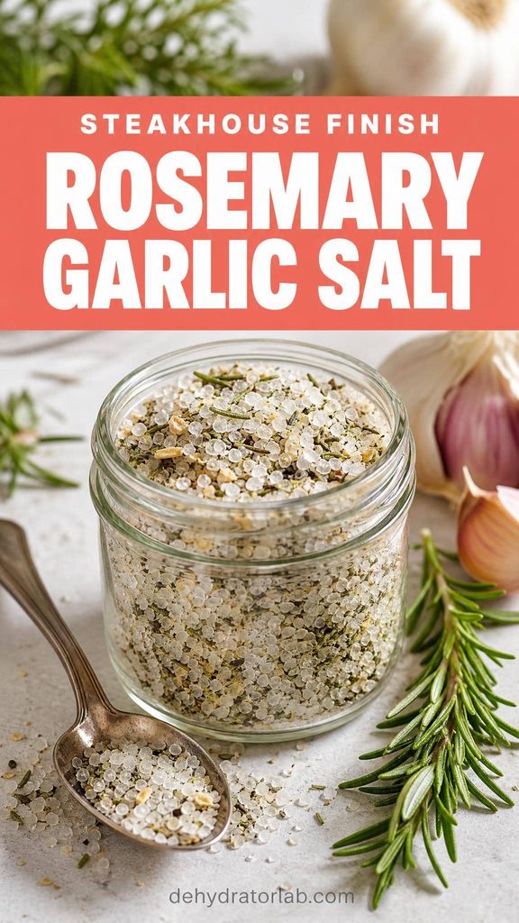 A small jar of rosemary garlic sea salt blend next to a fresh rosemary sprig and garlic cloves