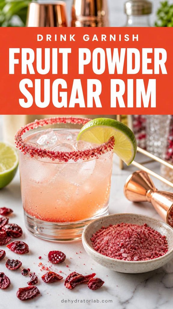 A cocktail glass with a red cranberry powder sugar rim next to a small dish of the sugar mix