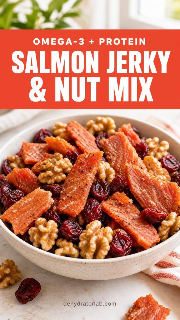 A bowl of trail mix with salmon jerky pieces, walnuts, and dried cranberries
