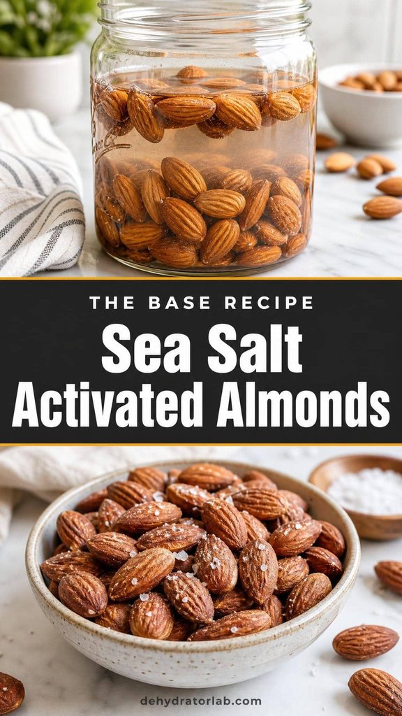 A bowl of plain sea salt activated almonds on a wooden table
