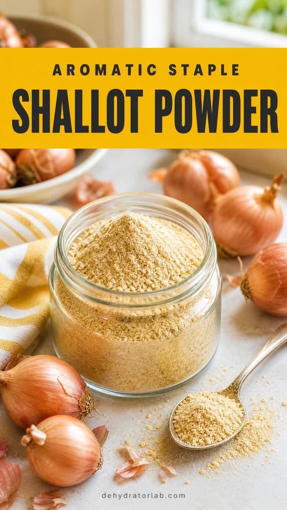 small jar of pale golden shallot powder next to fresh whole shallots