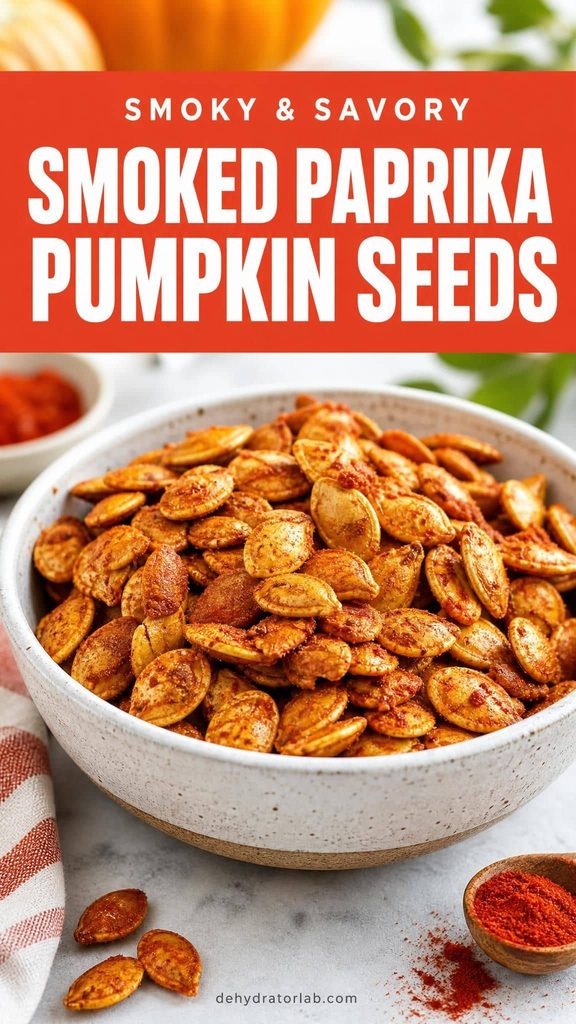 A bowl of dehydrated smoked paprika and garlic pumpkin seeds with a reddish-orange coating