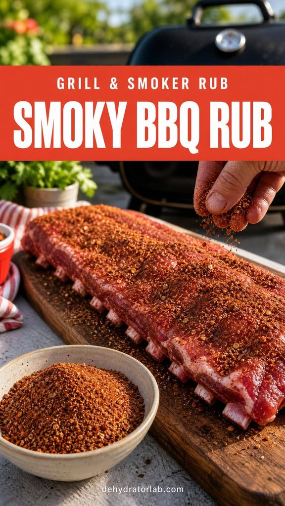 A bowl of dark brown-red BBQ rub being pressed onto a raw rack of ribs